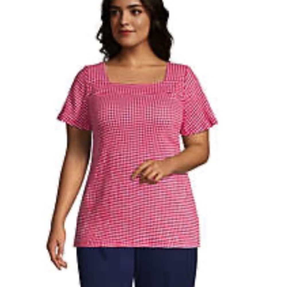 Lands End Square Neck Gingham Checkered Blouse